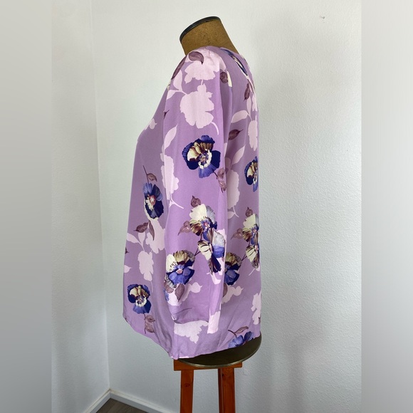David Lawrence Silk Blouse 14 Floral Ruched Sleeve Lavender Keyhole Semi Sheer - Picture 9 of 13